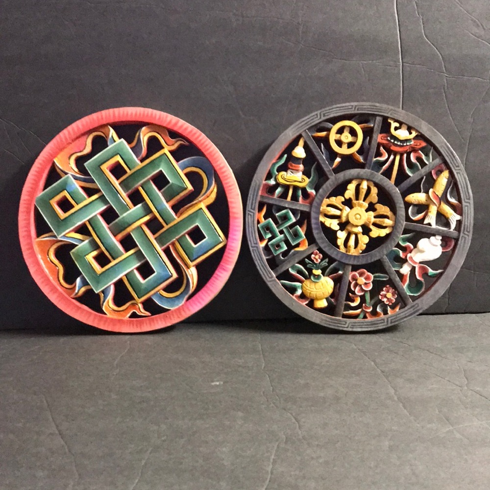 2 Vintage round wood carved motifs hand painted